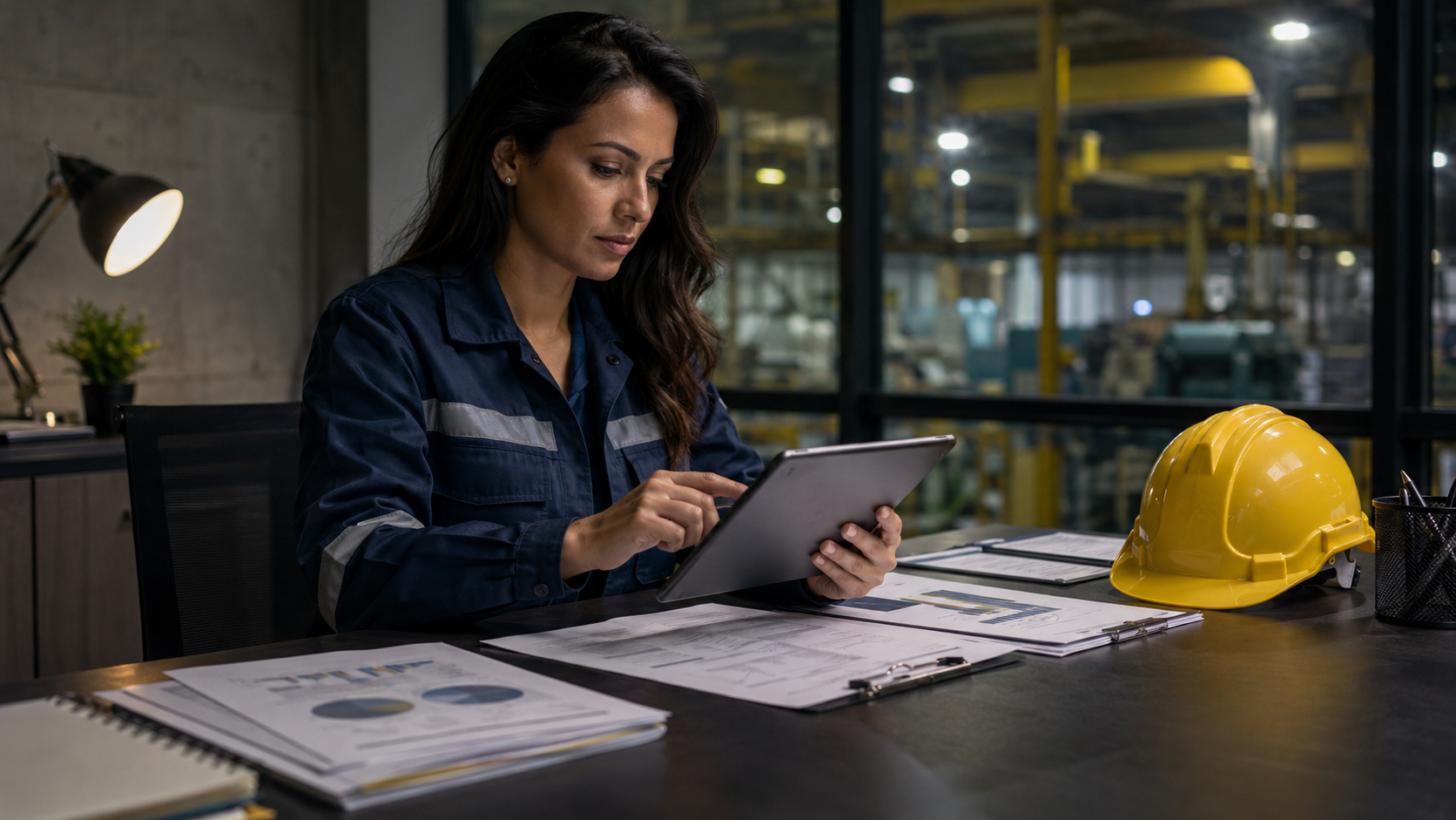 Engenheira analisando documentos de segurança do trabalho