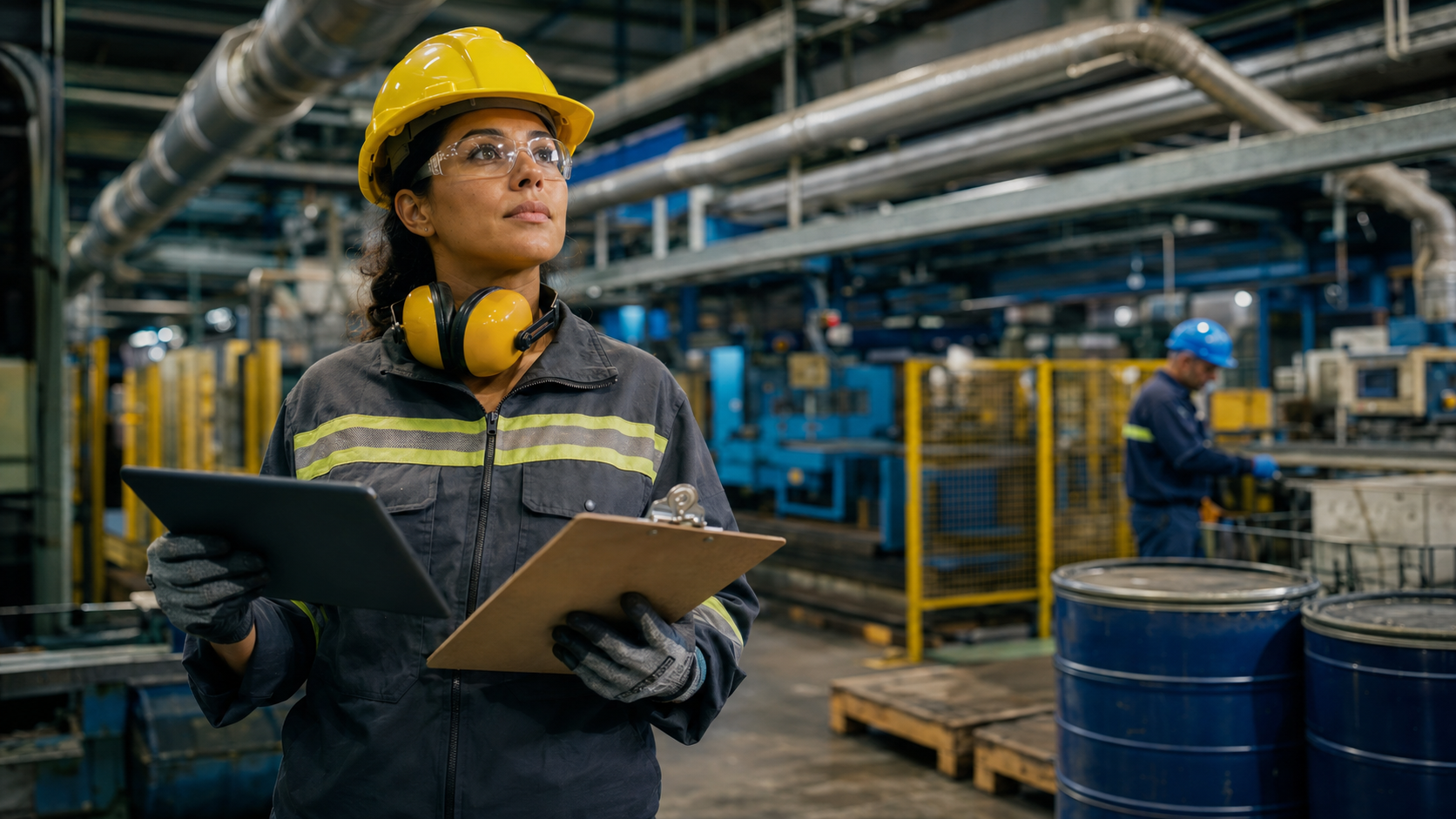 Engenheira inspecionando as condições ambientais do trabalho em indústria