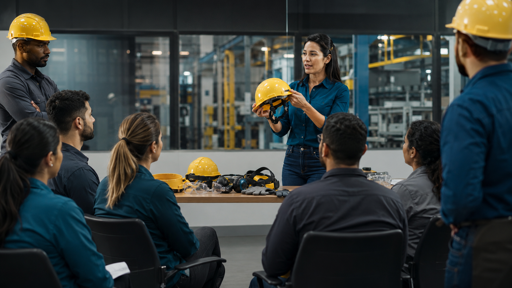 Instrutora ministrando treinamento de segurança do trabalho para colaboradores